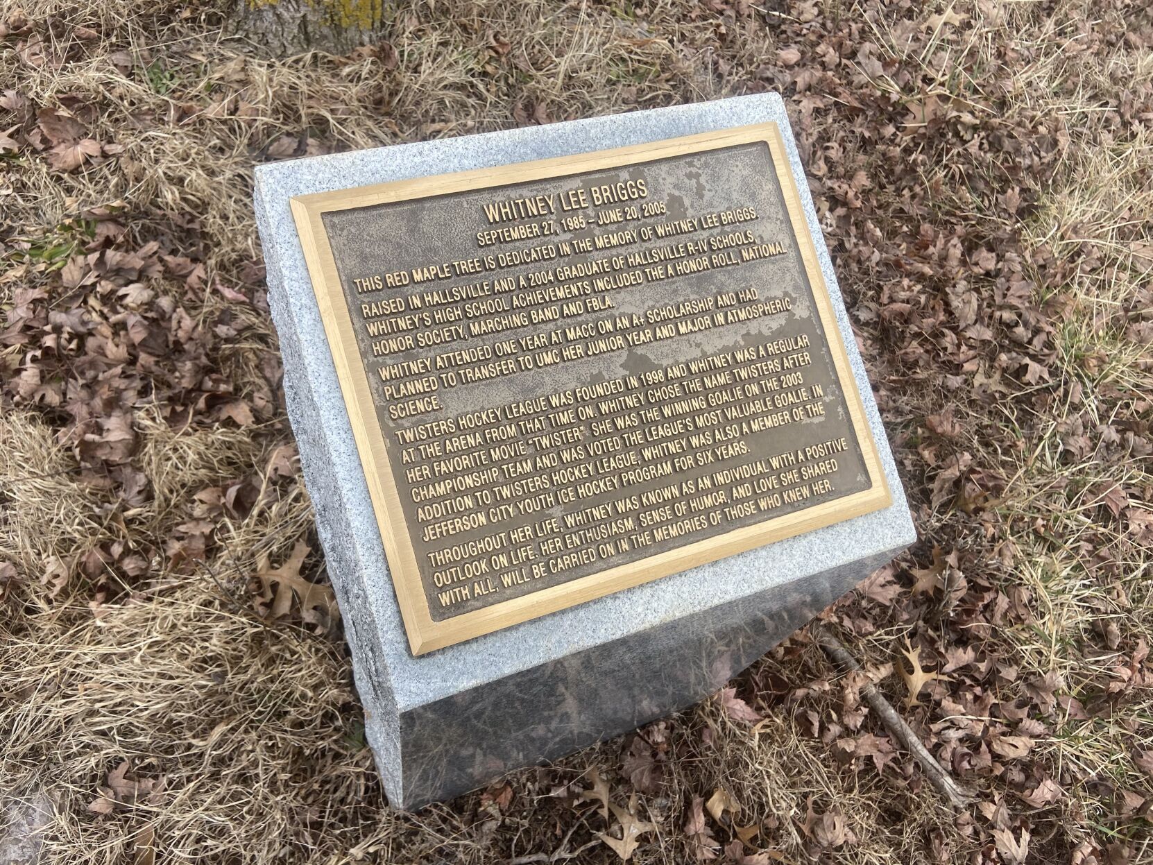 Plaque honoring founder of Twisters, Whitney Briggs
